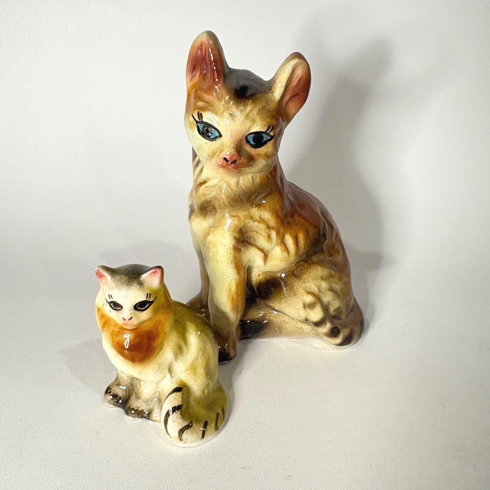 Vintage Ceramic Cat Figurines Set of 2 Brown Tan Glazed Mid Century Decor